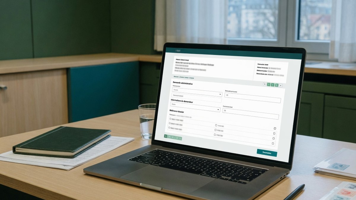 Ordinateur portable posé sur un bureau en bois affichant un formulaire administratif en ligne, sans personne visible