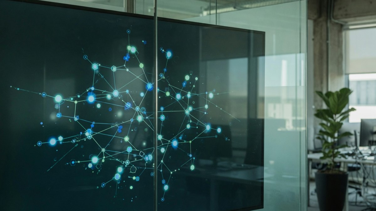 Écran affichant un registre numérique de blocs de données interconnectés dans un environnement de bureau feutré