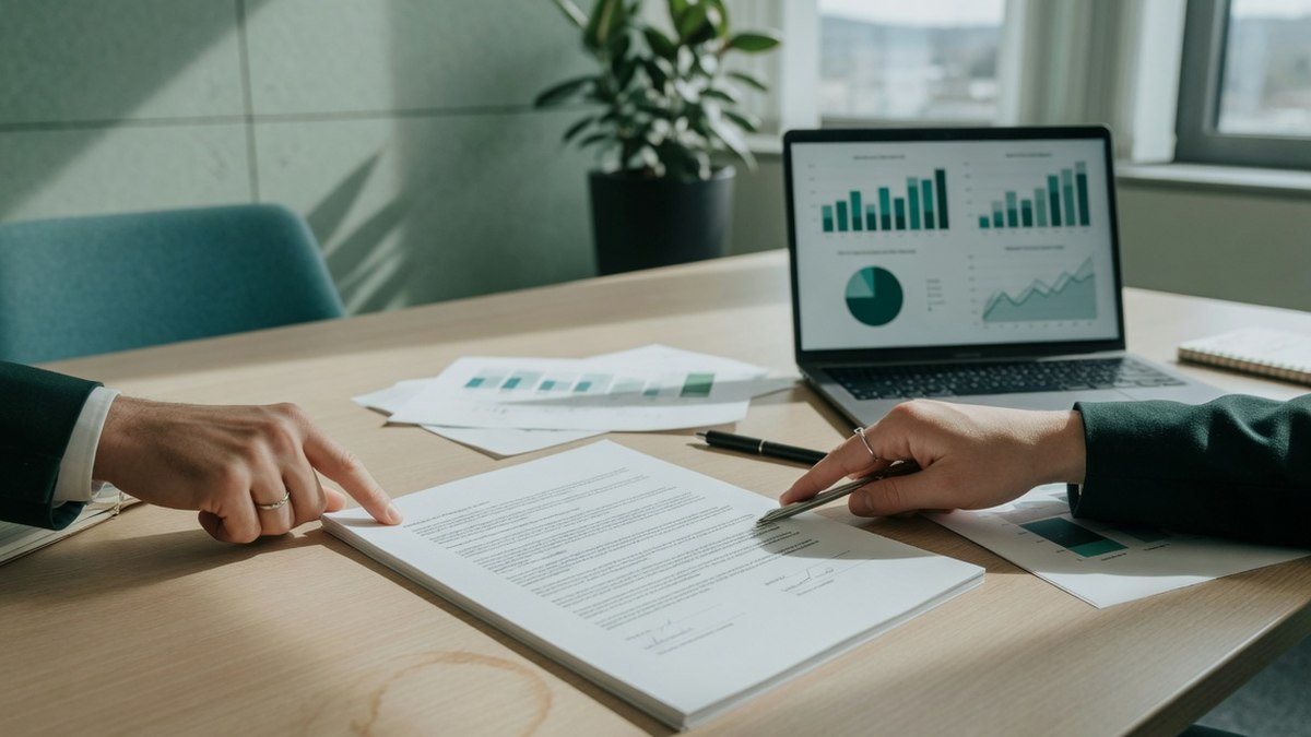 Table de réunion avec un contrat imprimé, un ordinateur portable affichant des graphiques marketing et des mains pointant un paragraphe du document