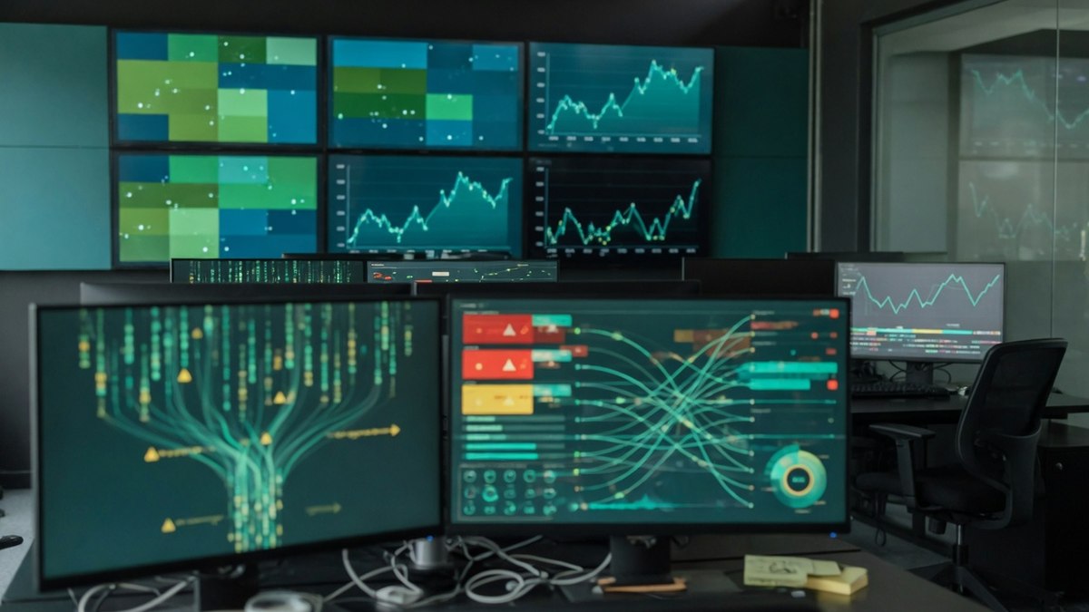 Écrans de contrôle affichant des flux de données financières et des graphiques de surveillance dans une salle d'analyse de conformité