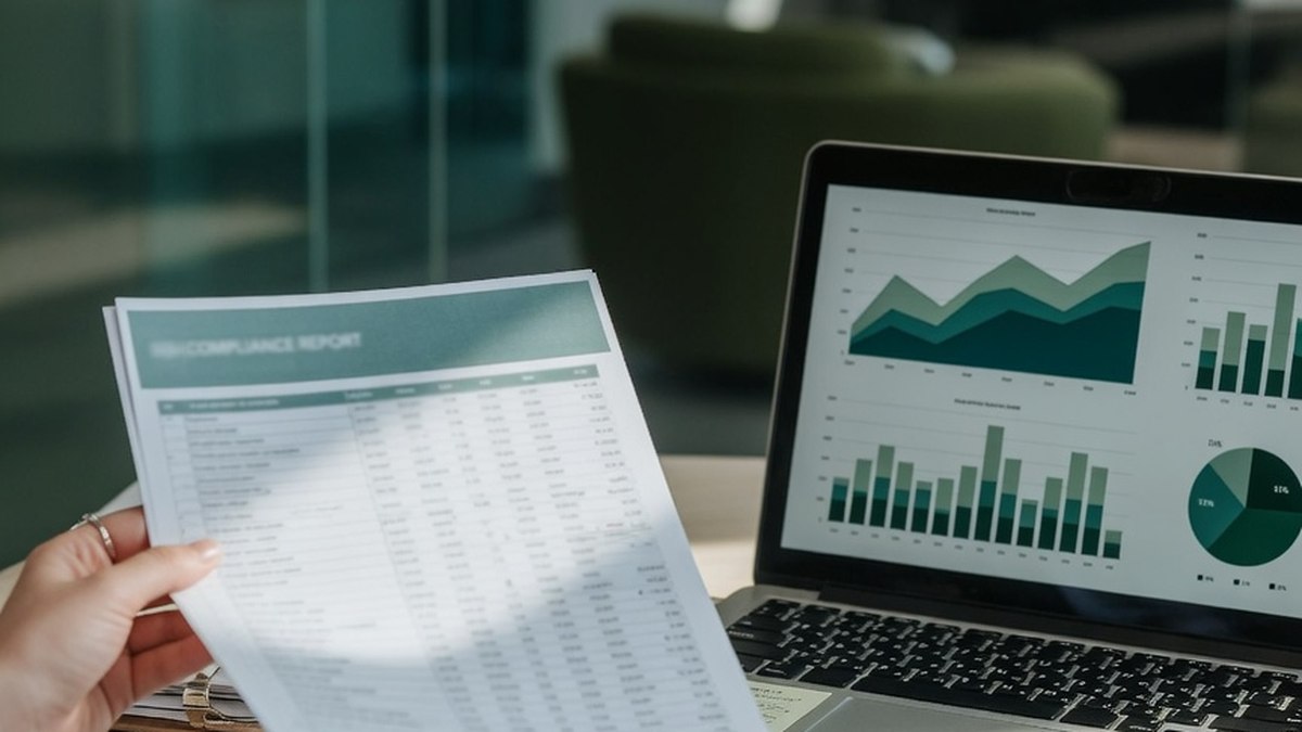 Gros plan sur des mains feuilletant un rapport de conformité imprimé à côté d'un écran affichant des graphiques financiers, dans un bureau, sans visage visible