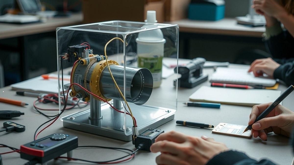 Table d'atelier scientifique avec maquette de soufflerie, câblage et instruments de mesure, sans personne identifiable