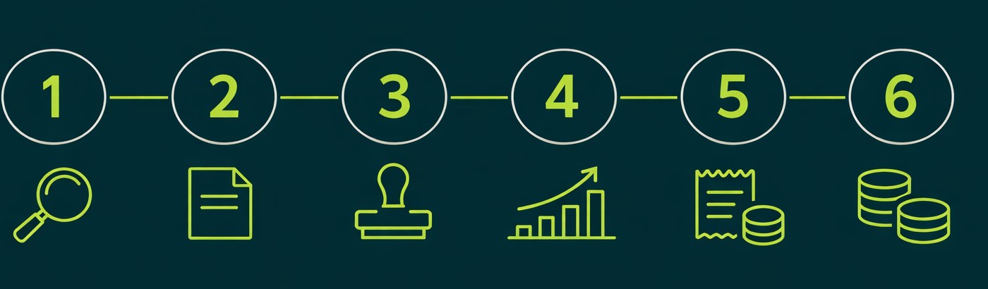 Frise en six étapes numérotées de 1 à 6 illustrant le parcours d'une demande Fit 4 Digital, du choix du consultant au versement de la subvention