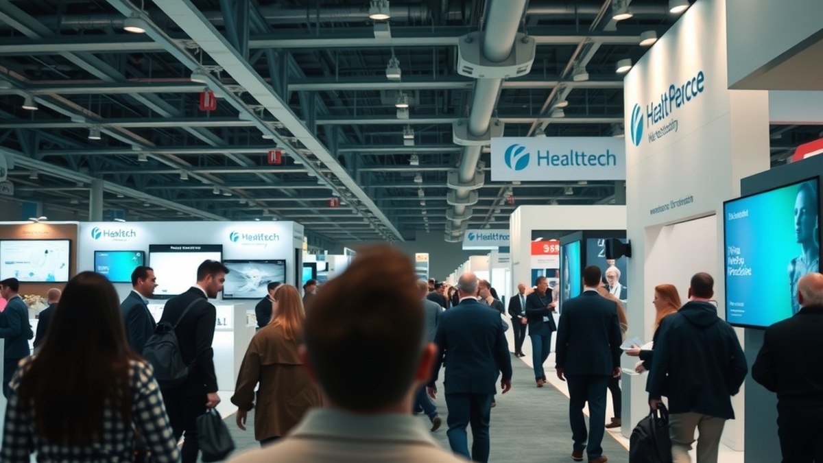 Hall d'exposition d'un salon professionnel avec stands équipés d'écrans et de dispositifs médicaux, visiteurs non identifiables de dos