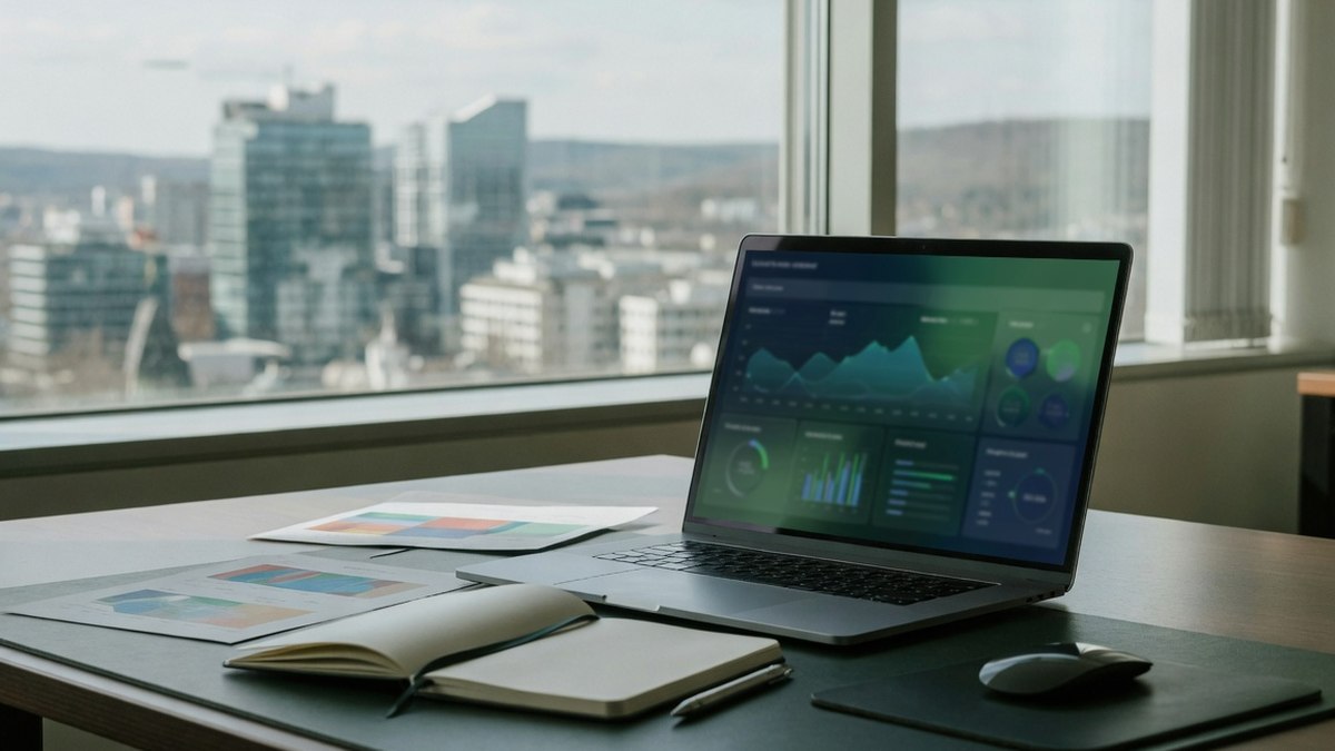 Écran d'ordinateur affichant un tableau de bord de données dans un bureau d'entreprise, sans visage visible