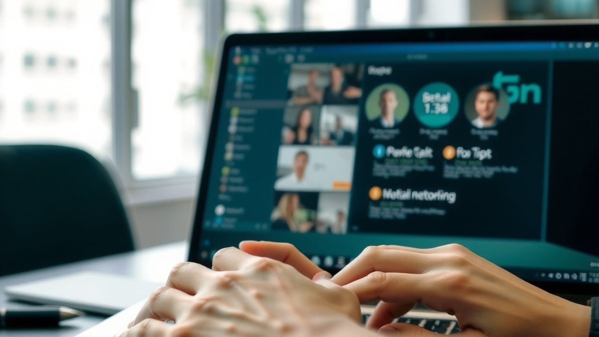 Mains sur un clavier d'ordinateur portable devant un écran affichant une interface de réseau professionnel, bureau moderne en arrière-plan flou