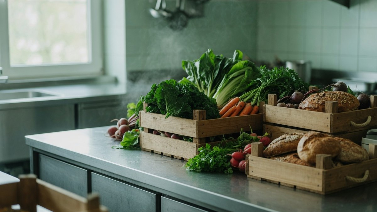 Cagettes de légumes bio en bois posées sur un plan de travail en inox dans une cuisine de restauration collective, lumière naturelle douce