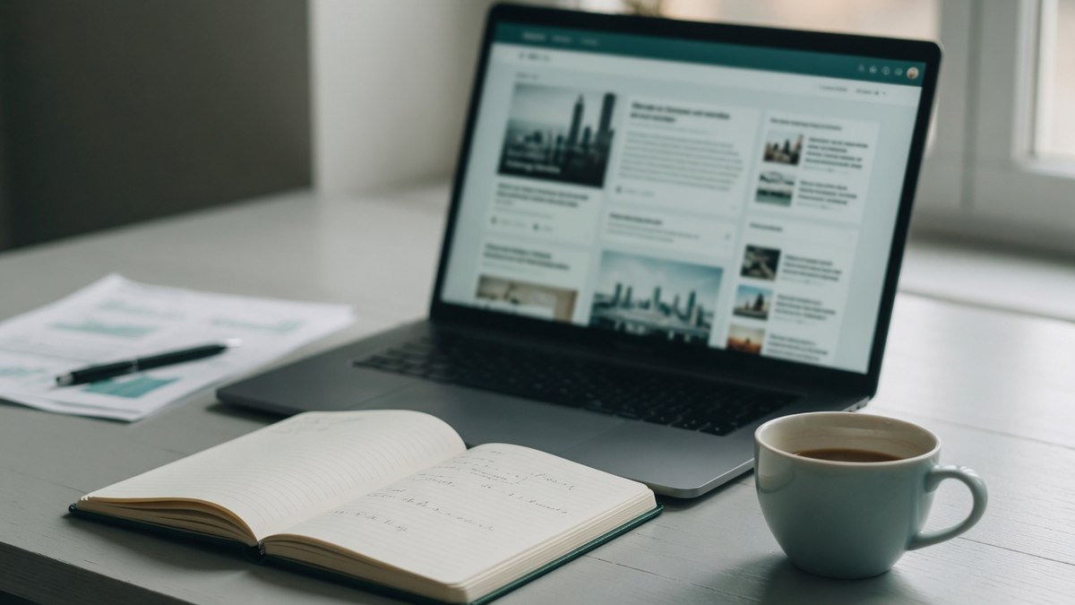 Écran d'ordinateur portable affichant un fil d'articles économiques sur un bureau, à côté d'un carnet et d'une tasse de café, lumière de bureau feutrée