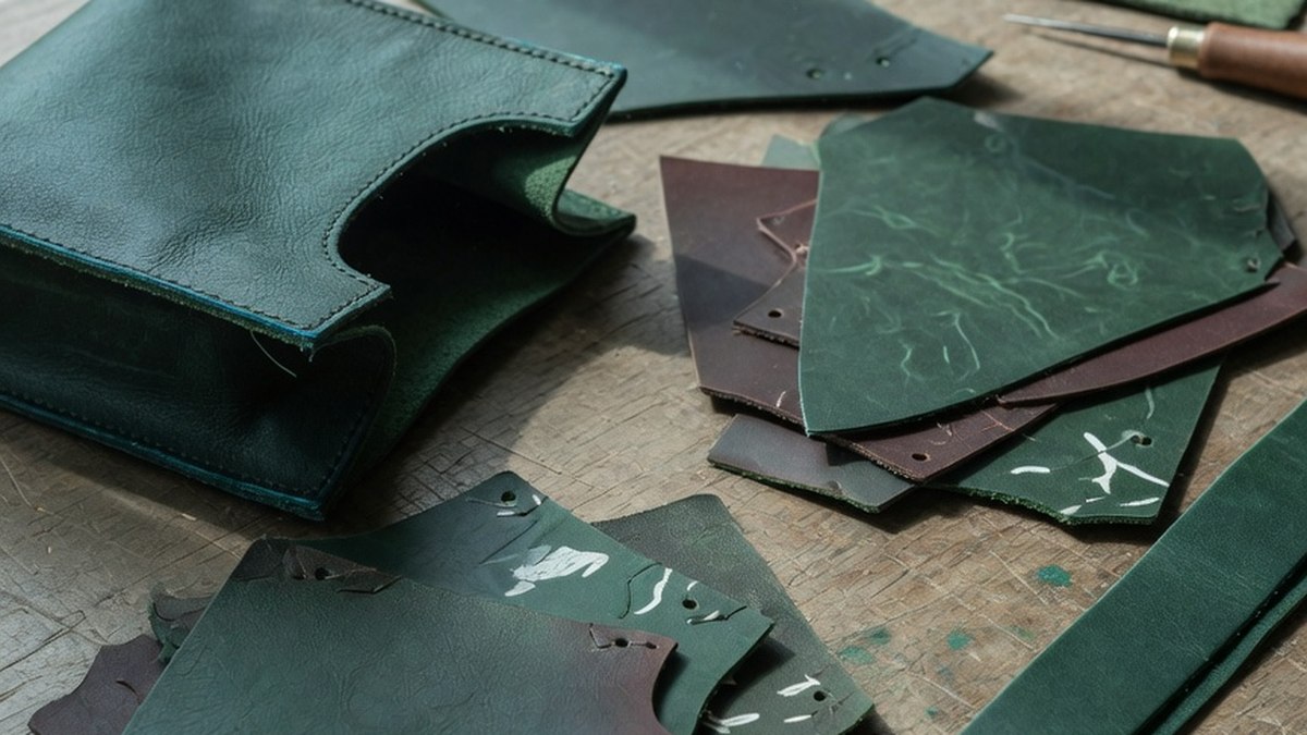 Sac en cuir posé sur un établi d'atelier, entouré de chutes de cuir et d'outils de maroquinerie