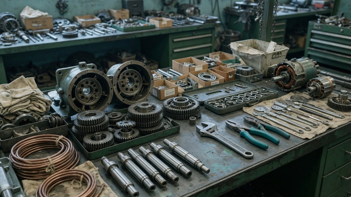 Atelier de réparation industrielle avec pièces détachées, outils et composants mécaniques rangés sur un établi