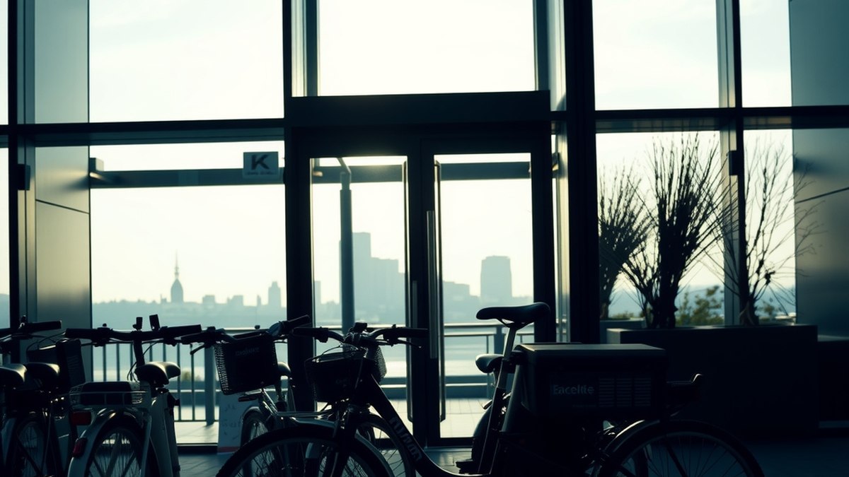 Rangée de vélos de service garés devant l'entrée vitrée d'un bâtiment de bureaux au Luxembourg