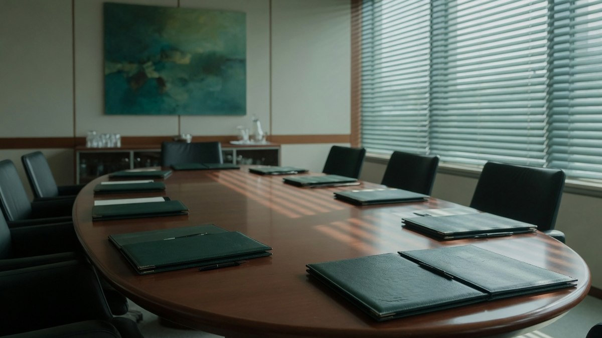 Salle de réunion vide avec table ovale, dossiers fermés et écrans éteints, éclairage feutré
