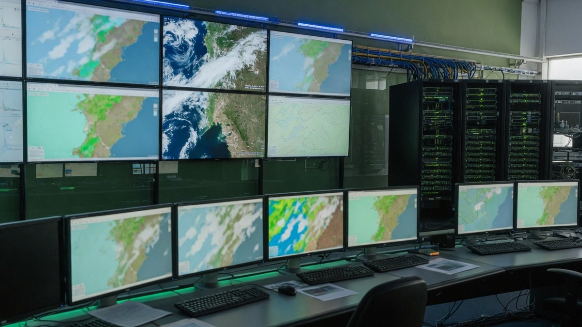 Écran de contrôle affichant des images satellite de la Terre dans une salle de données technique