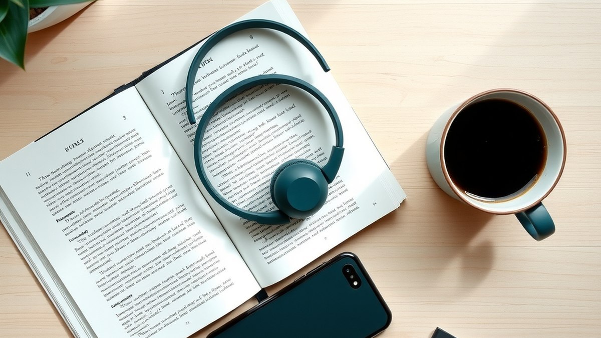 Vue de dessus d'un livre ouvert sur un bureau en bois clair, avec un casque audio sans marque, un smartphone et une tasse de café